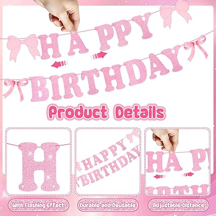Pink Bow Happy Birthday Decorations, Pink Birthday Banner with 7 Hanging Swirls and Ribbon