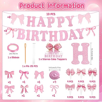Pink Bow Happy Birthday Decorations, Pink Birthday Banner with 7 Hanging Swirls and Ribbon