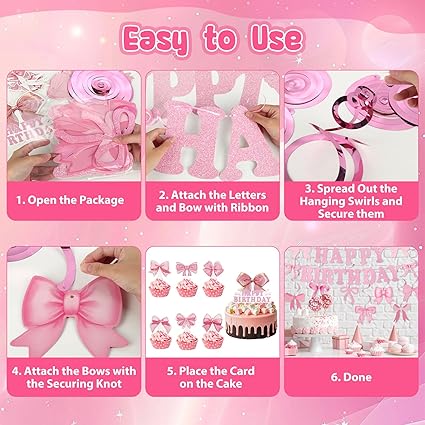 Pink Bow Happy Birthday Decorations, Pink Birthday Banner with 7 Hanging Swirls and Ribbon