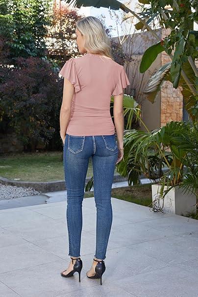 Women's Summer Top Short Ruffle Sleeve V-Neck Ruched