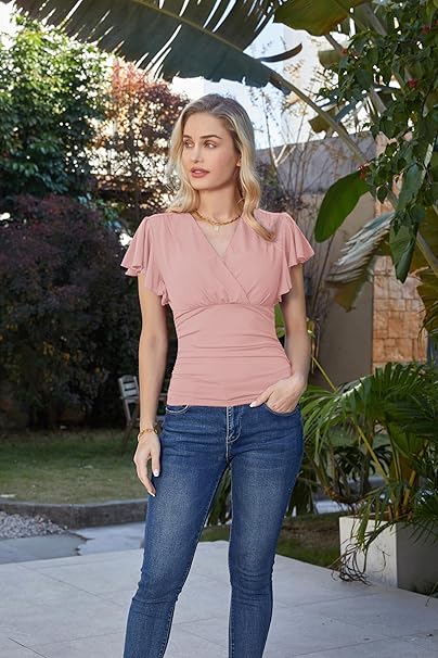 Women's Summer Top Short Ruffle Sleeve V-Neck Ruched